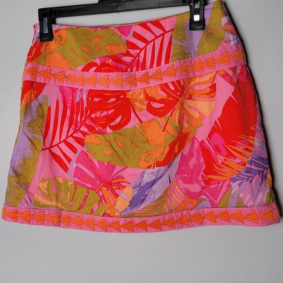 J. Marie XS Tropical Skort Pink Orange Leaf Print | Boho Resort Cotton Wrap Mini - Picture 2 of 6